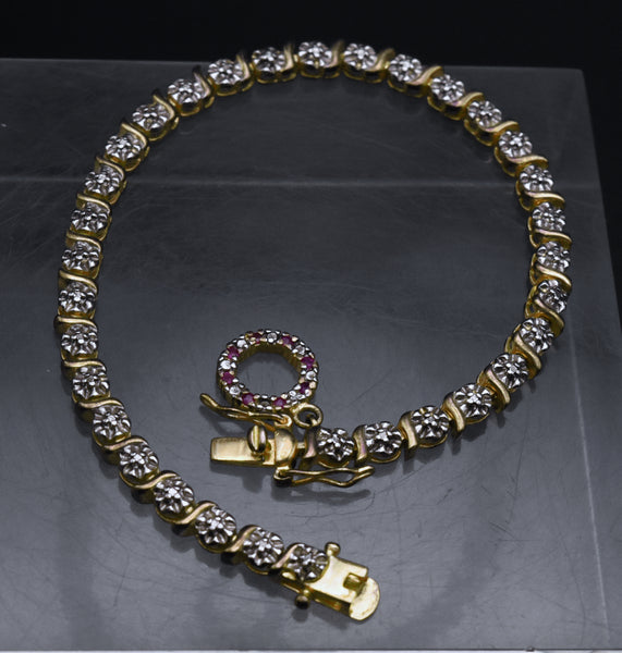Ross-Simons - Vintage Vermeil Tennis Bracelet with Rubies and Diamond Charm - 7.25"