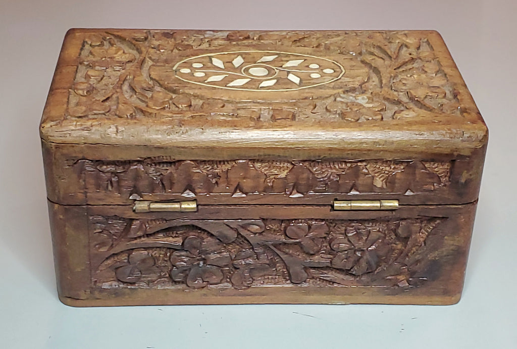 Vintage Carved Wood and Bone Inlay Jewelry Box