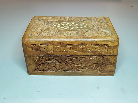 Vintage Carved Wood and Bone Inlay Jewelry Box