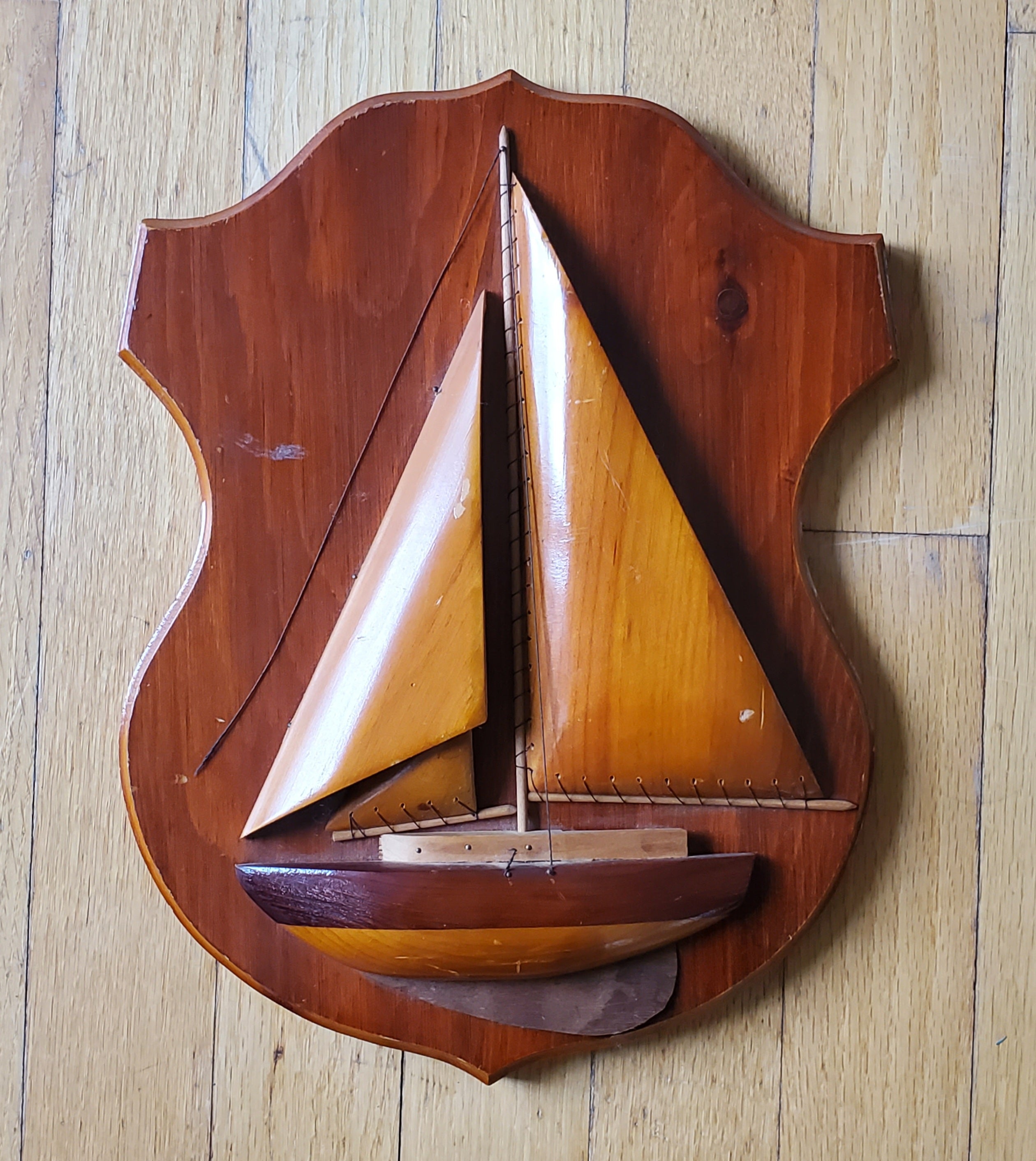 Vintage Handmade Prison Inmate Folk Art Carved Wood Sailboat Plaque