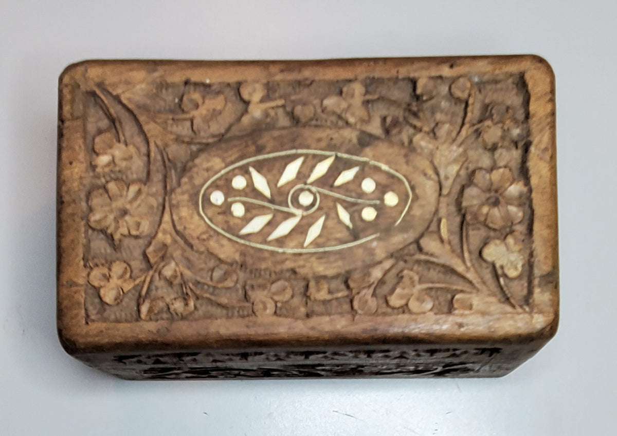 Vintage Carved Wood and Bone Inlay Jewelry Box