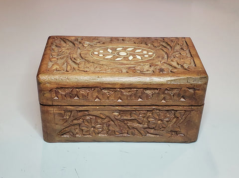 Vintage Carved Wood and Bone Inlay Jewelry Box