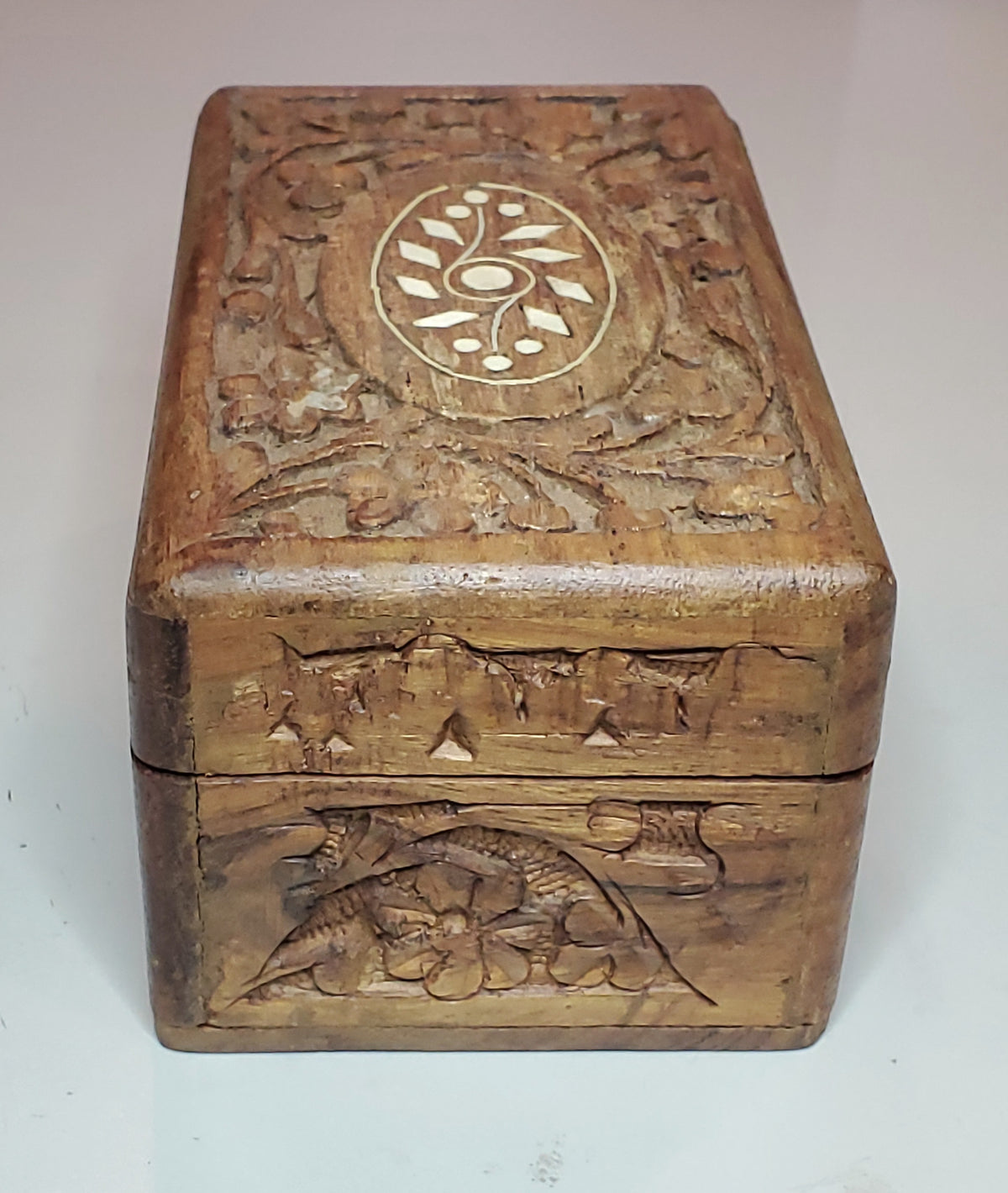 Vintage Carved Wood and Bone Inlay Jewelry Box