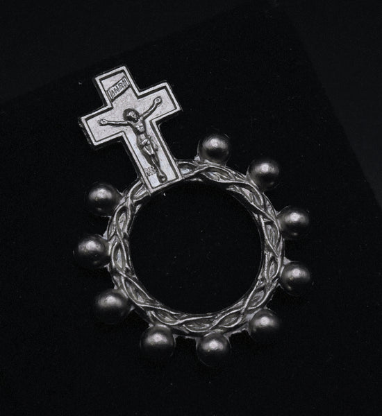 Vintage Italian Silver Tone Metal Rosary Ring - Size 8