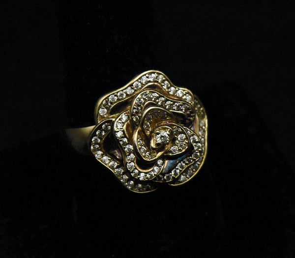 Vintage Flower Gold Tone Sterling Silver Cubic Zirconia Ring - Size 9