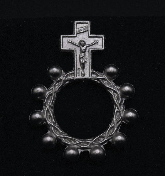 Vintage Italian Silver Tone Metal Rosary Ring - Size 8