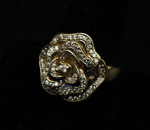 Vintage Flower Gold Tone Sterling Silver Cubic Zirconia Ring - Size 9