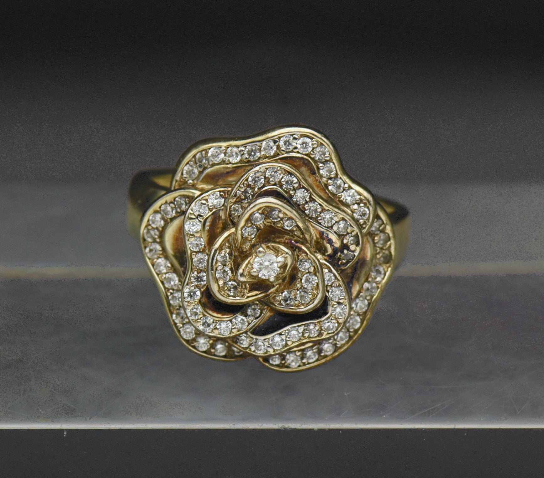 Vintage Flower Gold Tone Sterling Silver Cubic Zirconia Ring - Size 9