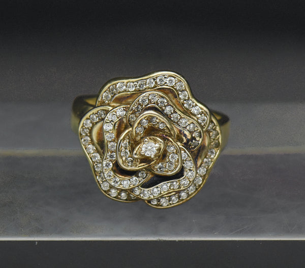 Vintage Flower Gold Tone Sterling Silver Cubic Zirconia Ring - Size 9