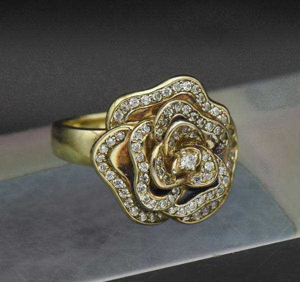 Vintage Flower Gold Tone Sterling Silver Cubic Zirconia Ring - Size 9