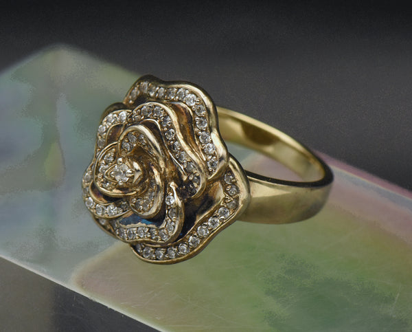 Vintage Flower Gold Tone Sterling Silver Cubic Zirconia Ring - Size 9