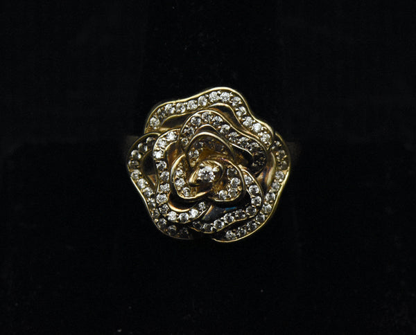 Vintage Flower Gold Tone Sterling Silver Cubic Zirconia Ring - Size 9