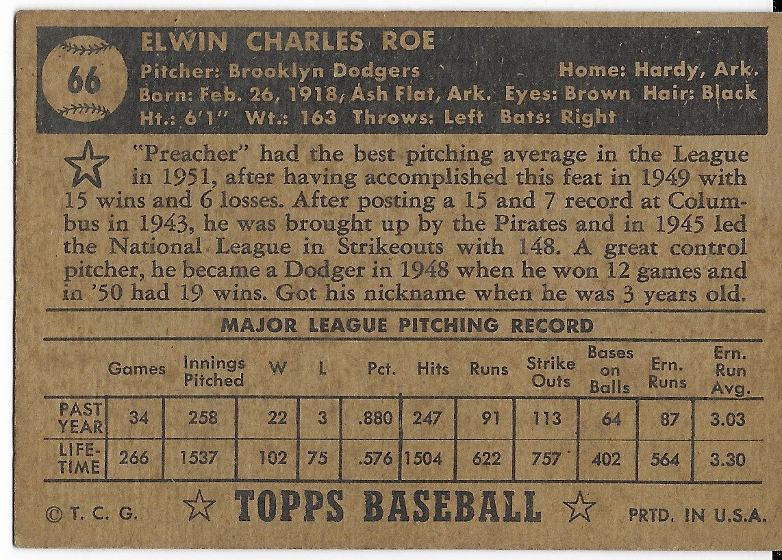 Topps - 1952 "Preacher" Roe Trading Card