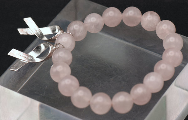 Vintage Rose Quartz Beaded Breast Cancer Awareness Sterling Silver Bracelet