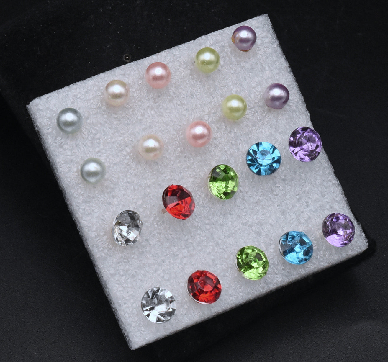 Set of 10 Stud Earrings: Rhinestones and Faux Pearls