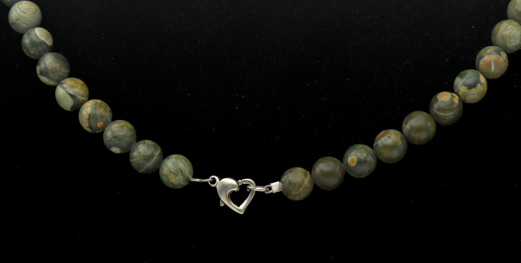 Vintage Rainforest Rhyolite Beaded Necklace with Sterling Heart Clasp - 17"