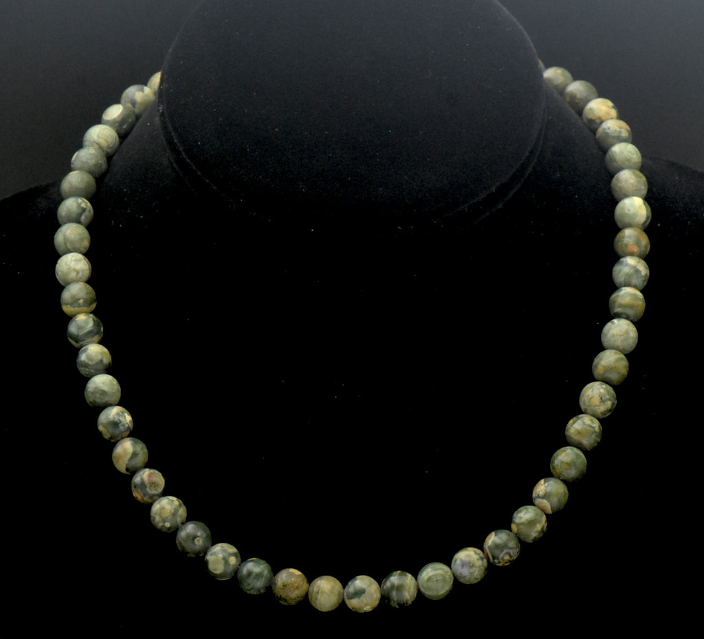 Vintage Rainforest Rhyolite Beaded Necklace with Sterling Heart Clasp - 17"