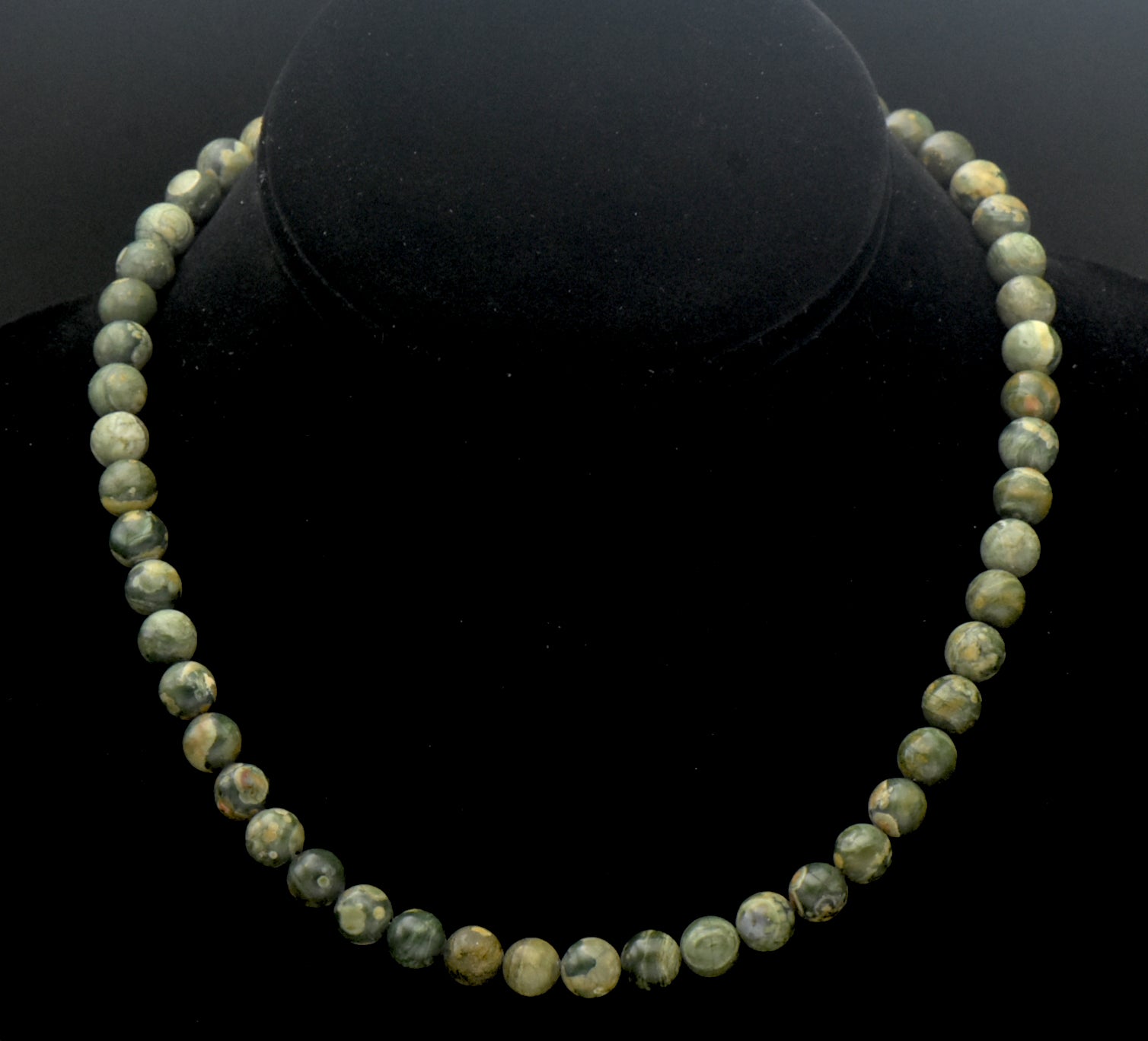 Vintage Rainforest Rhyolite Beaded Necklace with Sterling Heart Clasp - 17"