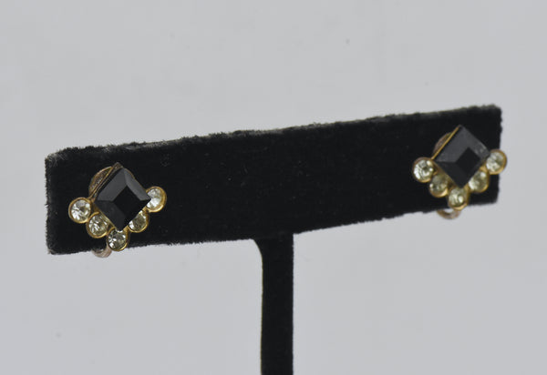 Vintage Gold Tone Rhinestone and Faux Black Onyx Screw Back Earrings