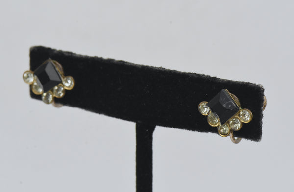 Vintage Gold Tone Rhinestone and Faux Black Onyx Screw Back Earrings