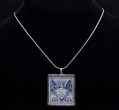 Vintage 1937 Brazilian Sesquicentennial Stamp Sterling Silver Pendant Necklace - 18"