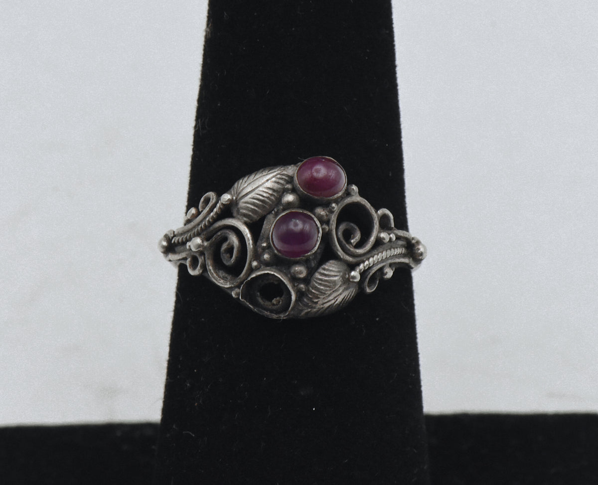 Vintage Handmade Sterling Silver and Ruby Art Nouveau Style Ring - Size 6.25