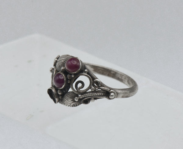 Vintage Handmade Sterling Silver and Ruby Art Nouveau Style Ring - Size 6.25
