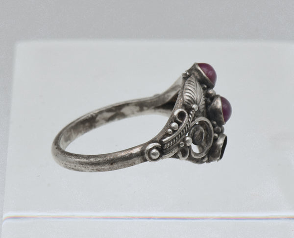Vintage Handmade Sterling Silver and Ruby Art Nouveau Style Ring - Size 6.25