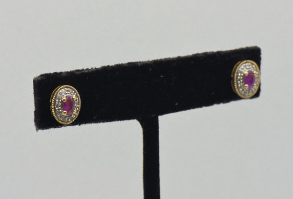 Vintage Synthetic Ruby and Topaz Gold Tone Sterling Silver Stud Earrings