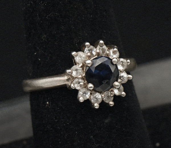 Vintage Sapphire and Topaz Sterling Silver Halo Ring - Size 7