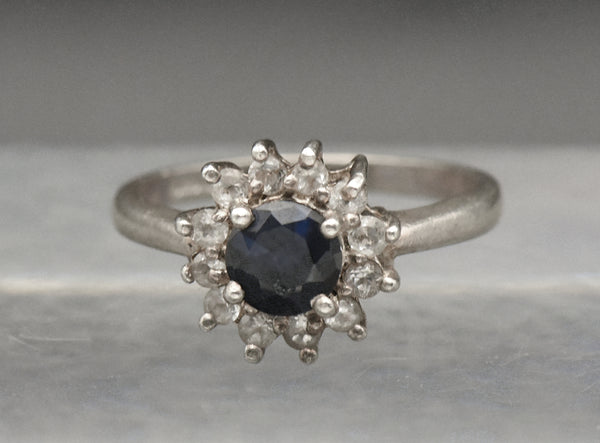 Vintage Sapphire and Topaz Sterling Silver Halo Ring - Size 7