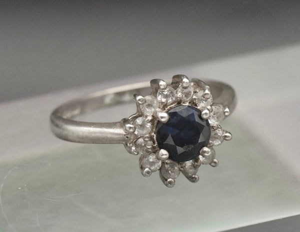 Vintage Sapphire and Topaz Sterling Silver Halo Ring - Size 7