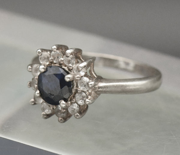 Vintage Sapphire and Topaz Sterling Silver Halo Ring - Size 7