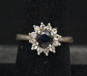 Vintage Sapphire and Topaz Sterling Silver Halo Ring - Size 7