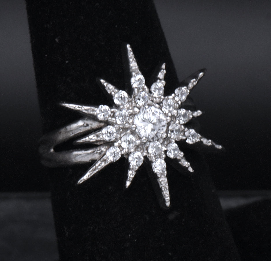 Sterling Silver Starburst Design Cubic Zirconia Ring - Size 6.25