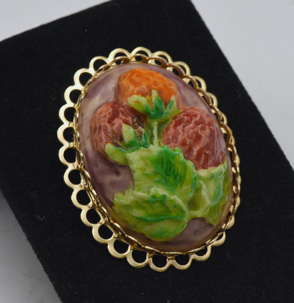 Vintage Ceramic Painted Strawberries Brooch