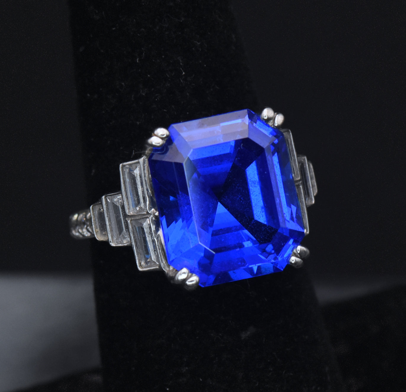 Vintage Synthetic Blue Spinel and CZ Sterling Silver Ring - Size 6.25