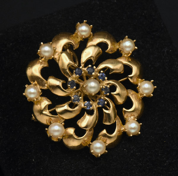 Vintage Handcrafted 14K Gold, Sapphires, and Cultured Pearls Brooch/Pendant