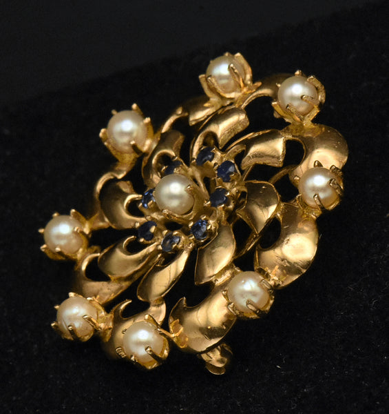 Vintage Handcrafted 14K Gold, Sapphires, and Cultured Pearls Brooch/Pendant