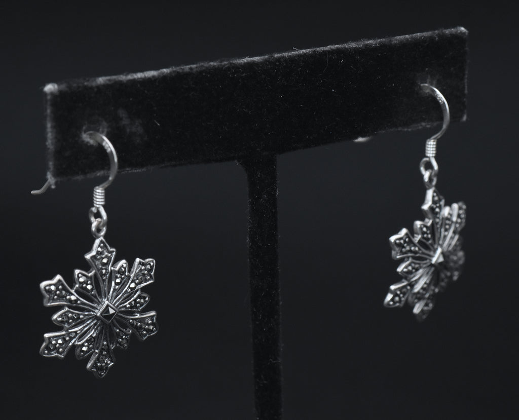 Vintage Sterling Silver and Marcasite Snowflake Dangle Earrings