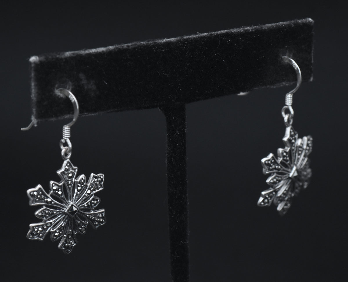 Vintage Sterling Silver and Marcasite Snowflake Dangle Earrings