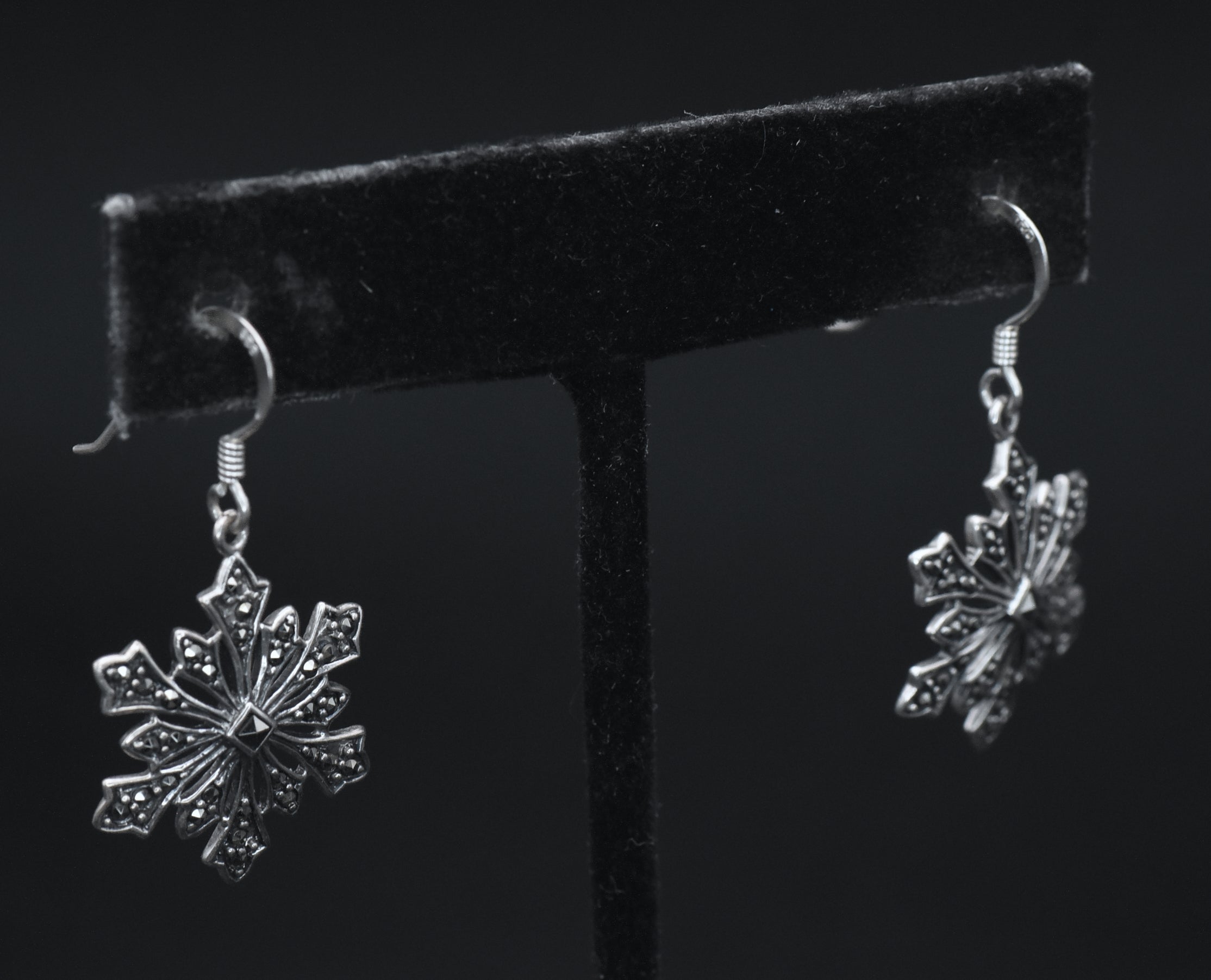 Vintage Sterling Silver and Marcasite Snowflake Dangle Earrings