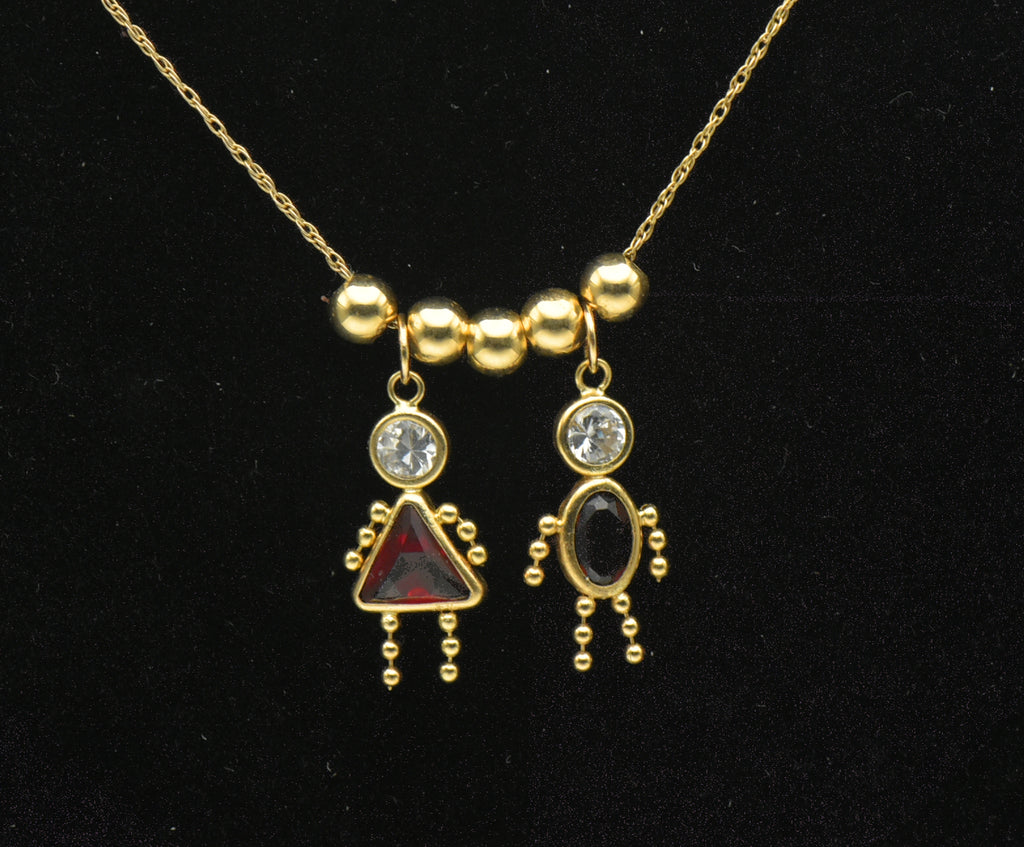 Vintage 14k Boy and Girl Crystal Stick Figure Charms Chain Necklace - 21"