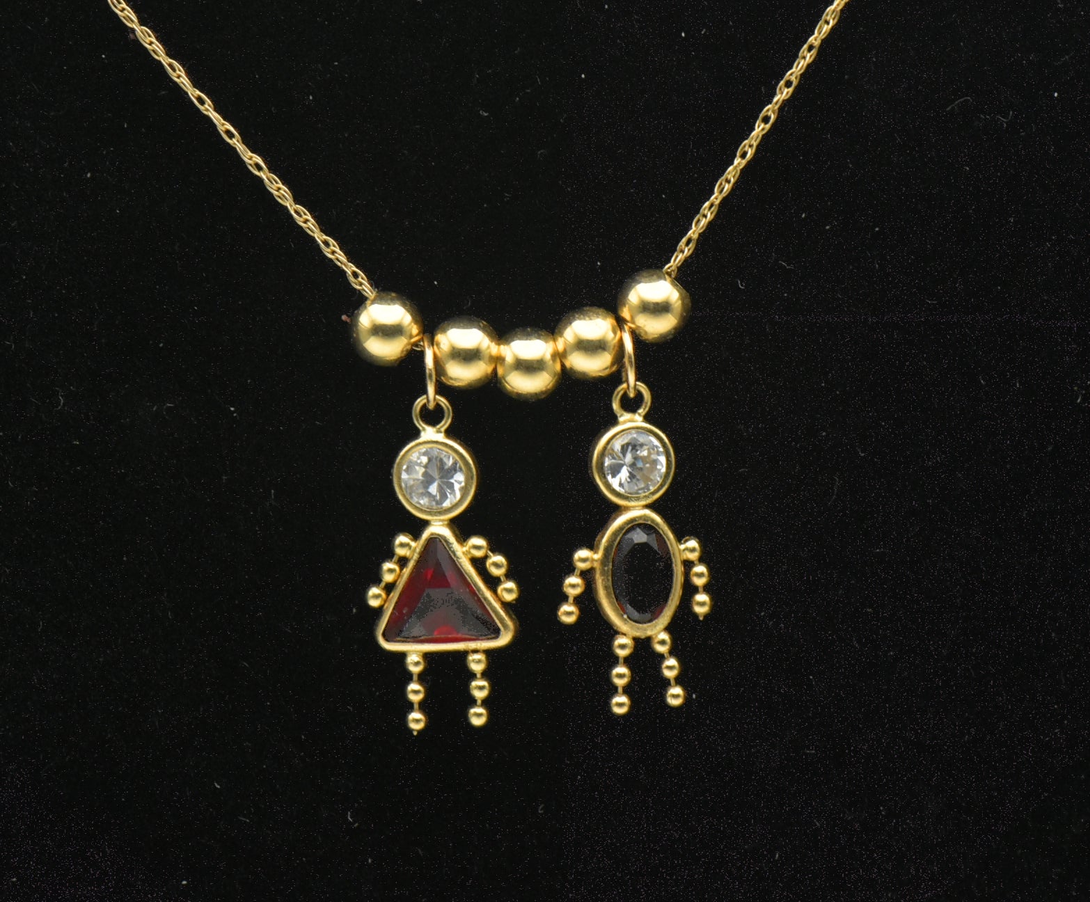 Vintage 14k Boy and Girl Crystal Stick Figure Charms Chain Necklace - 21"