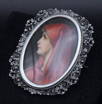 Antique Hand Painted St. Fabiola Silver Filigree Brooch