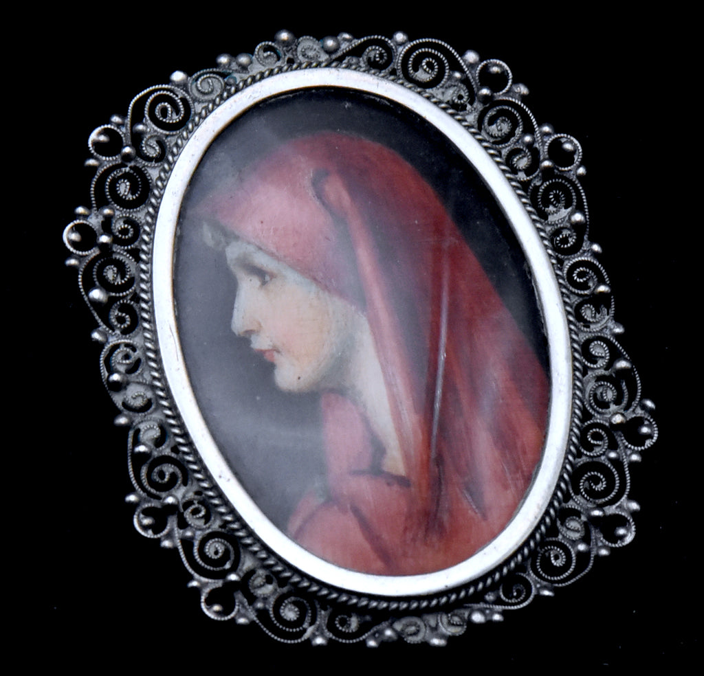 Antique Hand Painted St. Fabiola Silver Filigree Brooch