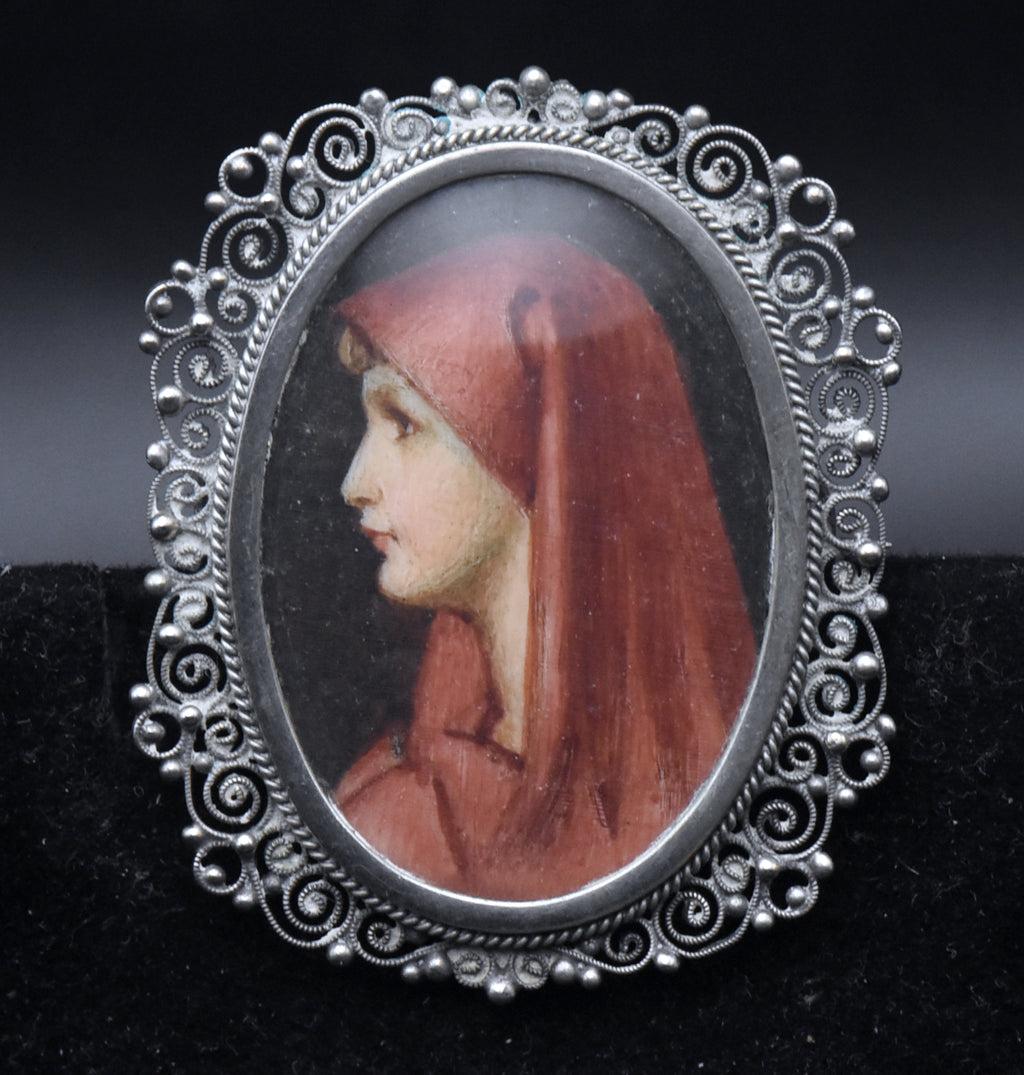 Antique Hand Painted St. Fabiola Silver Filigree Brooch
