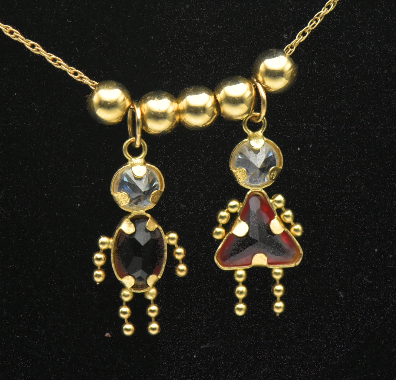 Vintage 14k Boy and Girl Crystal Stick Figure Charms Chain Necklace - 21"