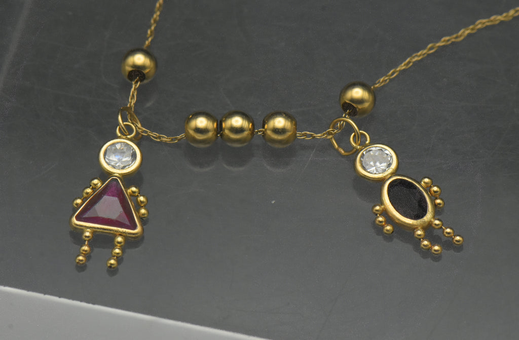 Vintage 14k Boy and Girl Crystal Stick Figure Charms Chain Necklace - 21"