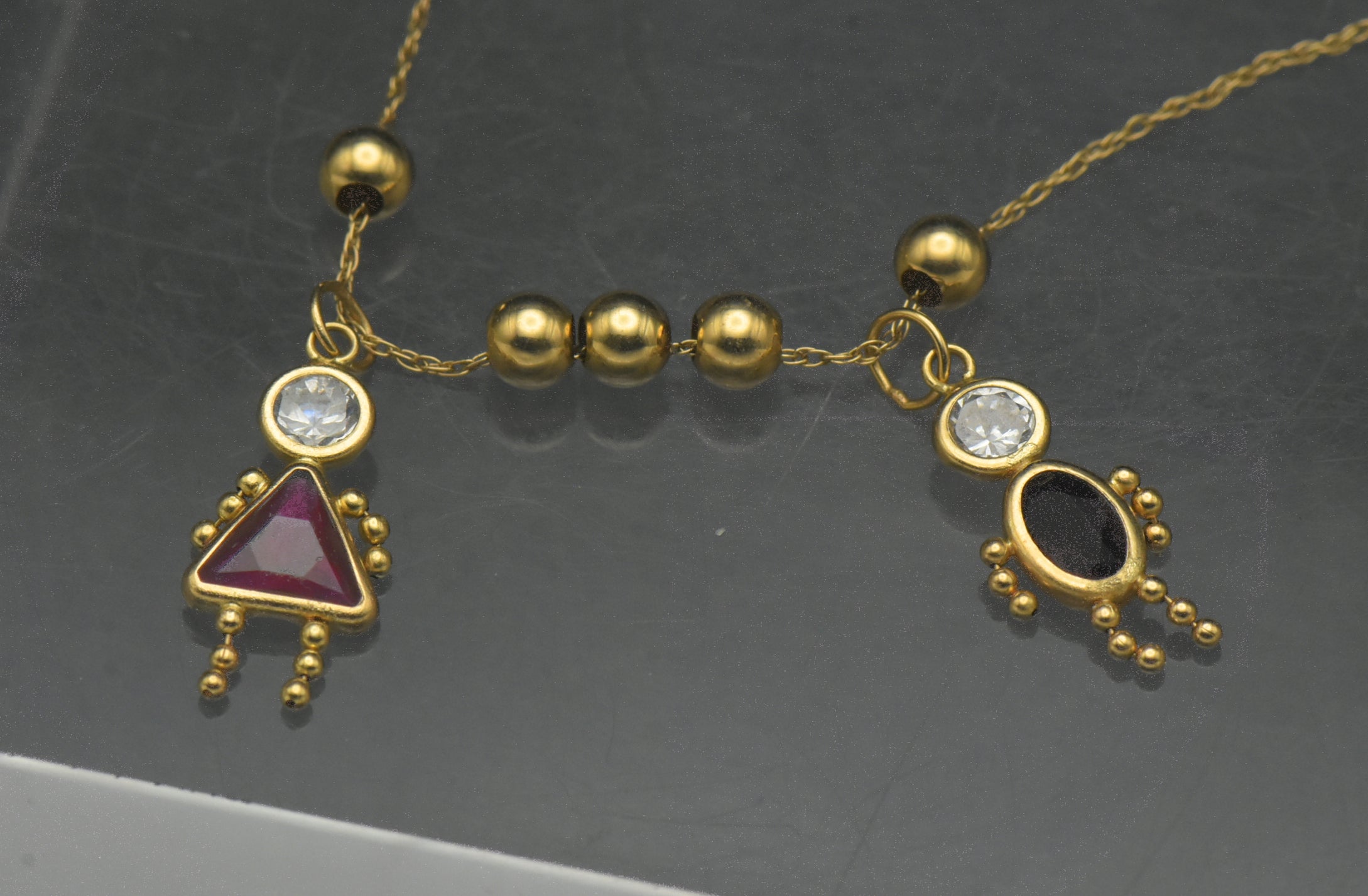 Vintage 14k Boy and Girl Crystal Stick Figure Charms Chain Necklace - 21"